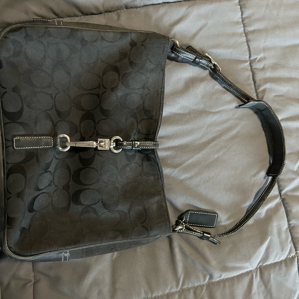 Coach Black Signature Jacquard Shoulder Bag with Silver Hardware